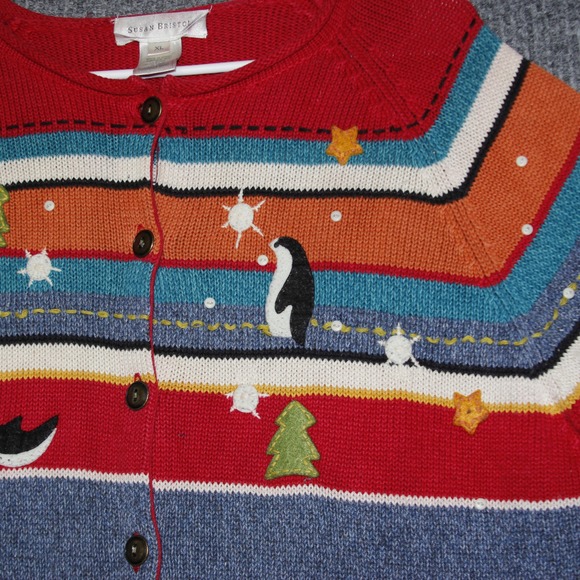 Susan Bristol Womens XL Penguin Tree Nordic Holiday Cardigan Winter Sweater - Picture 3 of 6